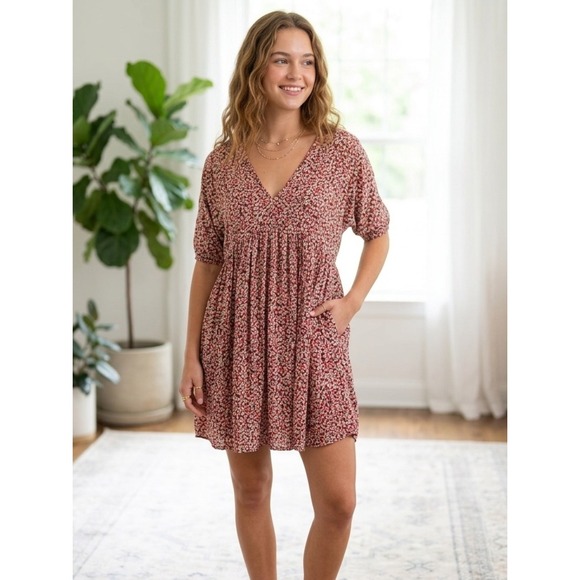 NATURAL LIFE Dresses & Skirts - Natural Life Red Stella Mini Floral Babydoll Dress XS/S Cottagecore Garden Party